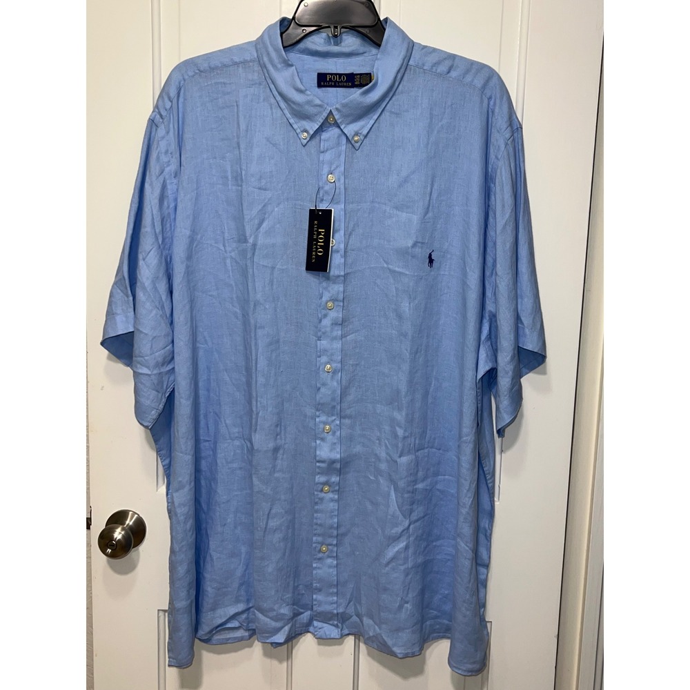 NWT Polo Ralph Lauren Mens 4XB Blue 100% Linen Short Sleeve Button Down Shirt